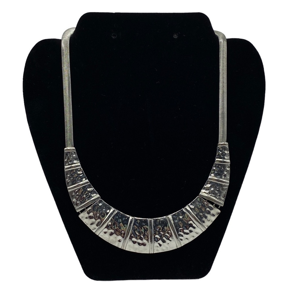 Hammered Silvertone Bib Statement Necklace